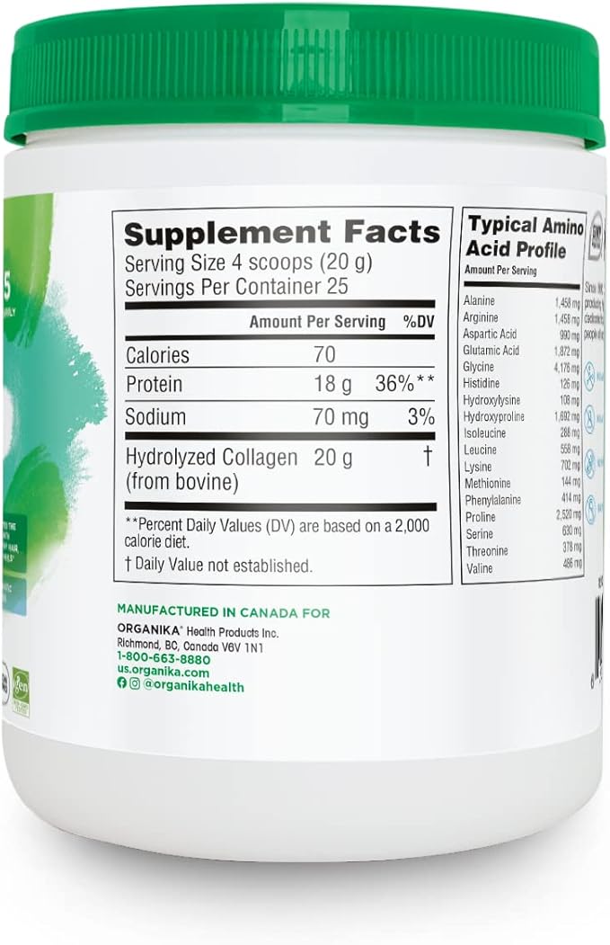 Organika Enhanced Collagen Peptides Protein Powder for Healthy Hair, Skin, Nails, Joints - Hydrolyzed for Better Absorption - Grass-Fed, Non-GMO, Type I and III - Unflavored 17.64 oz