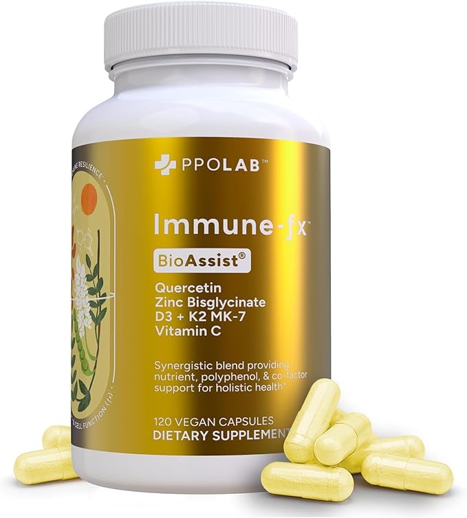 Immune-fx™ Advanced Daily Chelated Zinc Ionophore Immune Support Supplement with Quercetin 500mg Bioflavonoid, Antioxidant Vitamin C, D3, K2, DNA Heart Lung Aid, Clean Certified® 120 Vegan Capsules