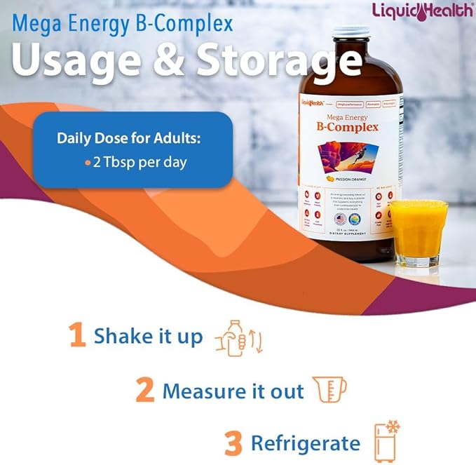 LIQUIDHEALTH Mega Energy Methylated B-Complex, Adult Liquid Vitamin Supplement - Increase Energy, Relieve Stress & Fatigue, Immune System Support, Heart & Gut Health - Vegan, Sugar-Free (2 Pack)