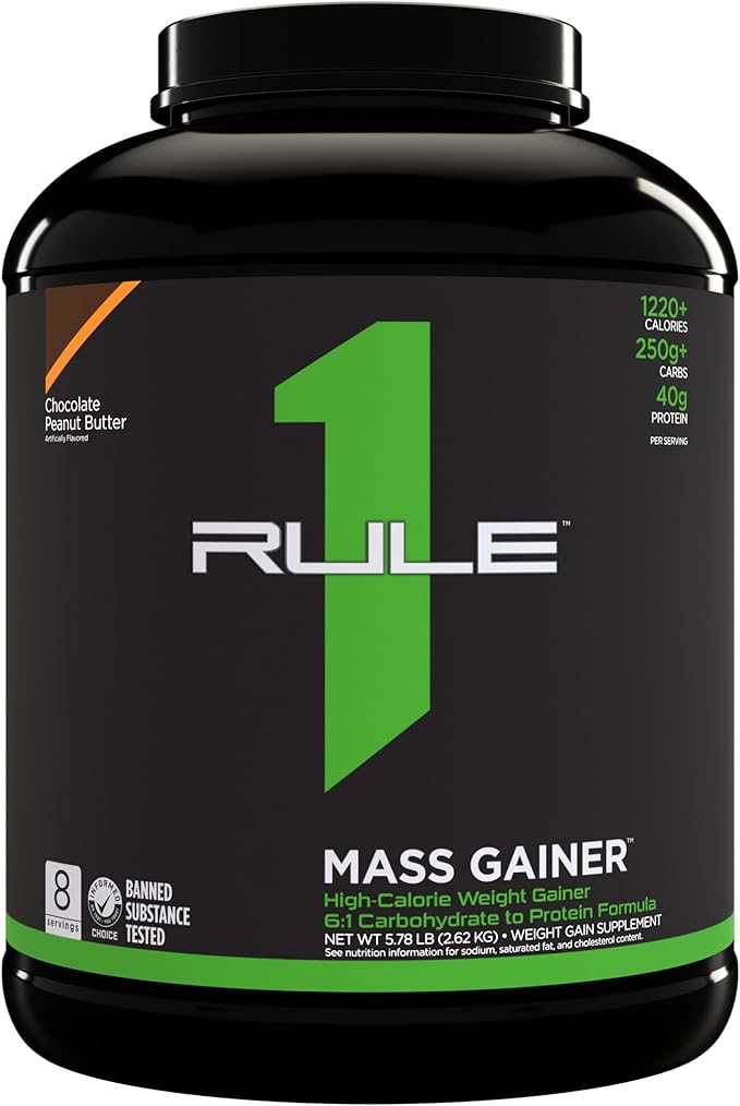 Rule One Proteins, Mass Gainer- Chocolate Peanut Butter, High-Calorie Weight Gain Formula w/ 1,220+ Calories, 250g+ Complex Carb Blend, 40g All-Whey Protein, 8g Fat Per Serving, 6 Pounds, 8 Servings