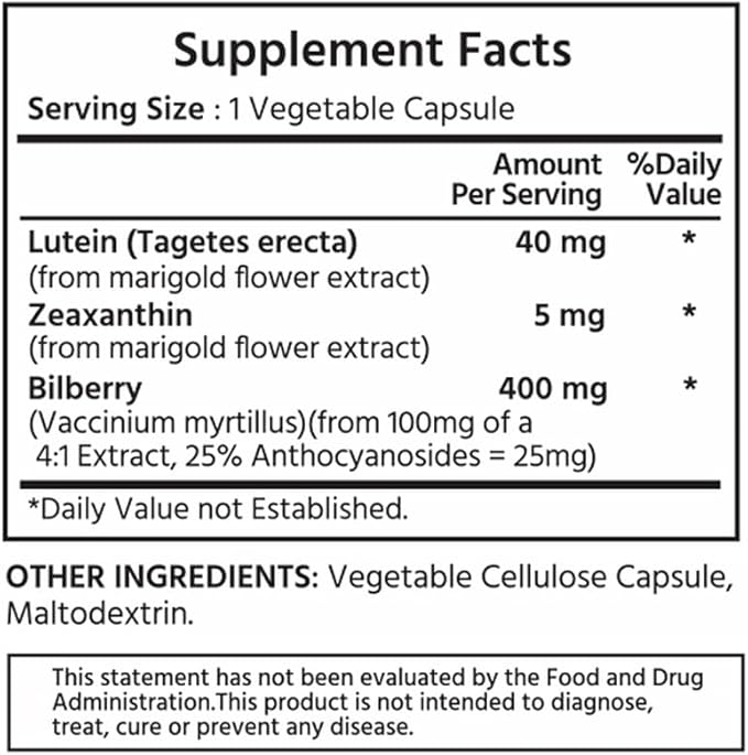 Premium Lutein & Zeaxanthin with Bilberry 60 Vegetable Capsules. Lutein 40 mg, Zeaxanthin 5 mg, and Bilberry 400 mg. All-Natural. High Potency & Premium Quality. Healthy Eyes & Vision.