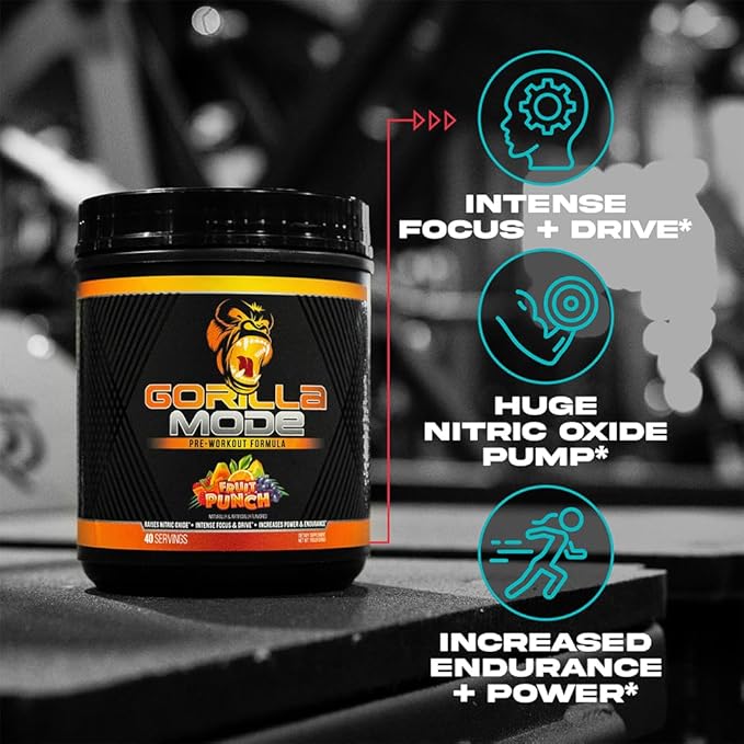 Gorilla Mode Pre Workout - Massive Pumps · Laser Focus · Energy · Power - L-Citrulline, Creatine, L-Tyrosine, Betaine, Hydroprime®, Alpha-GPC, 400mg Caffeine, Huperzine A - 816g (Fruit Punch)