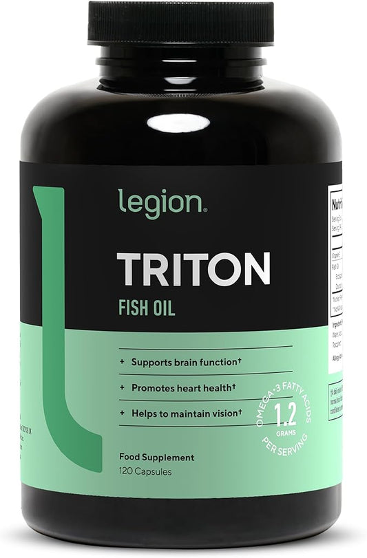 LEGION Triton Fish Oil Capsules - Triple Strength Omega 3 Essential Fatty Acids with Vitamin E & Lemon Oil for Maximum Absorption, Freshness & Purity - 2400mg EPA & DHA Per Serving, 30 Svgs