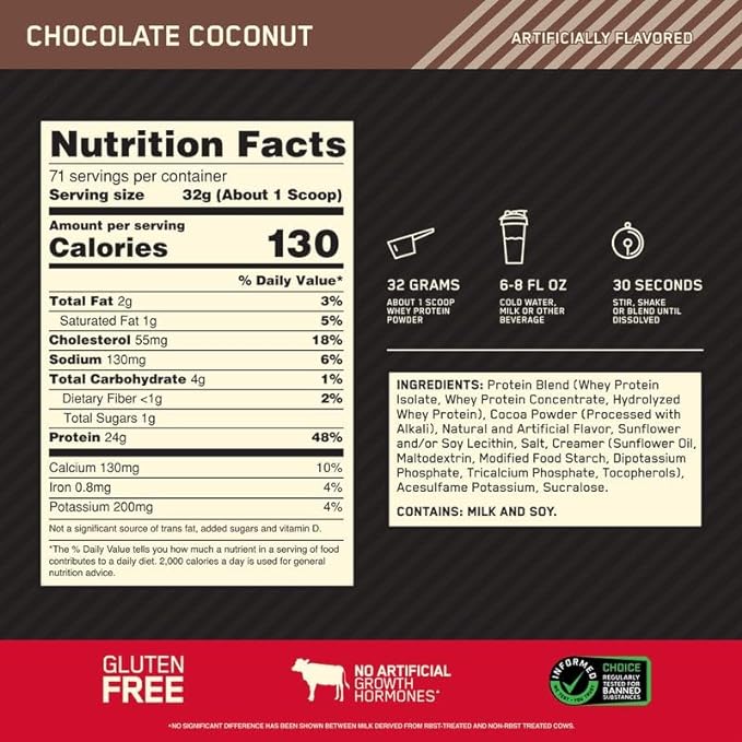 Optimum Nutrition Gold Standard 100% Whey Protein Powder, Chocolate Coconut, 5 Pound (Packaging May Vary)
