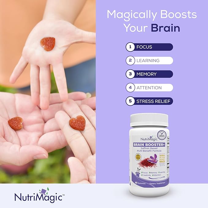 Kids Brain Booster 2IN1 Saffron Extract Nootropic & Multivitamin for Focus, Memory, Attention, Mood - Pure Saffron Gummies for Brain Health Support w/Vitamin D3, B6, B12, Zinc - 60 Gummies