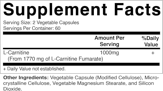 Vitamatic L-Carnitine Fumarate 1000 mg - 120 Vegetable Capsules (1 Bottle)