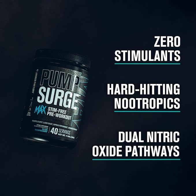 Jacked Factory Pumpsurge Max Stim Free Pre Workout - High-Performance Caffeine Free Pre Workout with L-Citrulline, N03-T Arginine Nitrate & Glutathione - 40 Servings, Blue Raspberry