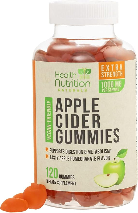 Vegan Apple Cider Vinegar Gummies | Max Strength 1000mg | ACV Supplement Gummy Vitamins for Adults, Supports Digestion, Metabolism, Natural Apple Flavor with Mother, Gluten Free, Non-GMO - 120 Gummies