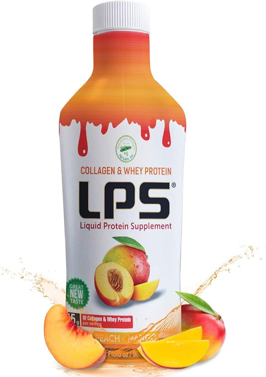 Nutritional Designs LPS Liquid Collagen & Whey Protein Supplement - Sugar-Free Non-GMO Drink - Promotes Healthy Skin & Hair for Men & Women (Peach Mango)