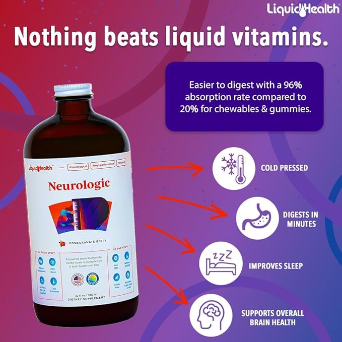 LIQUIDHEALTH Brain Booster Neurologic Liquid Vitamins Memory Focus Concentration Support for Adults, Learning Healthy Cognitive Alertness Multivitamins Brain Food 32 Fl Oz (2 Pack)