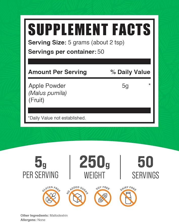BulkSupplements.com Apple Powder - Apple Fruit Powder, Superfood for Digestive Support - Natural & Gluten Free, 5g per Serving, 250g (8.8 oz) (Pack of 1)