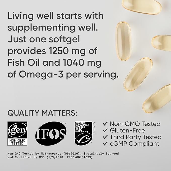 Sports Research Triple Strength Omega 3 Fish Oil - Burpless Fish Oil Supplement w/EPA & DHA Fatty Acids from Single-Source Wild Alaska Pollock - 1250 mg, 90 ct