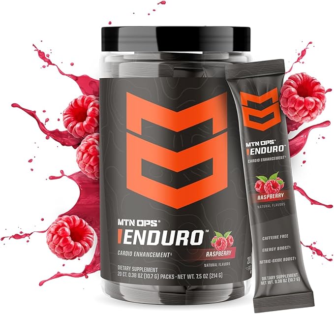 MTN OPS Enduro Trail Packs Nitric Oxide Supplement & Stim-Free Pre Workout - 20 Servings - with Magnesium Citrate, Beet Root Powder, Niacinamide, L Arginine & L Citrulline - Raspberry Flavor