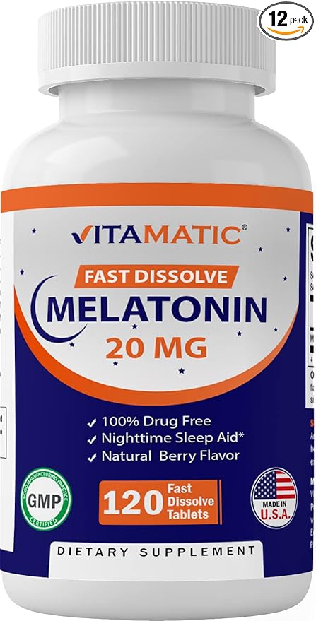 Vitamatic Melatonin 20mg Tablets | Vegetarian, Non-GMO, Gluten Free | HIGH Potency 20 MG | Natural Berry Flavor (1/2 Tablets = Melatonin 10mg) (120 Count (12 Pack Wholesale Buy))