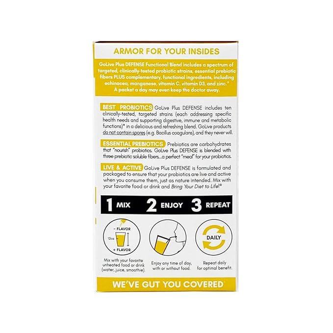 GoLive Immune Defense Sugar-Free Synbiotic (Probiotics + Prebiotics); +25 Billion CFUs; 10 Clinical Strains. Formulated and Recommended by Doctors and Dietitians for Digestion, Metabolism, Immunity.