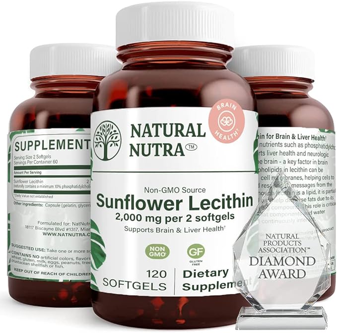 Natural Nutra Sunflower Lecithin 2000 mg Supplement – Soy Free, Non-GMO, Gluten-Free 120 Softgels (2 Pack) | Liver Function Support, Brain Health Booster, Memory & Focus Enhancement