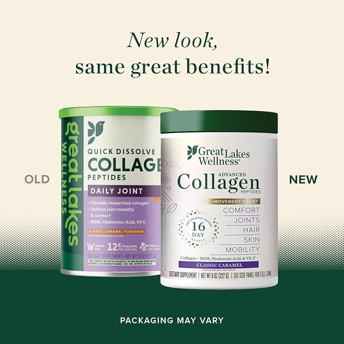 Great Lakes Wellness Movement Boost Advanced Collagen Peptides - MSM, Hyaluronic Acid, Vitamin C - Joint Mobility & Comfort - Caramel Flavor - Non-GMO, Keto, Kosher - 8 oz - Packaging May Vary