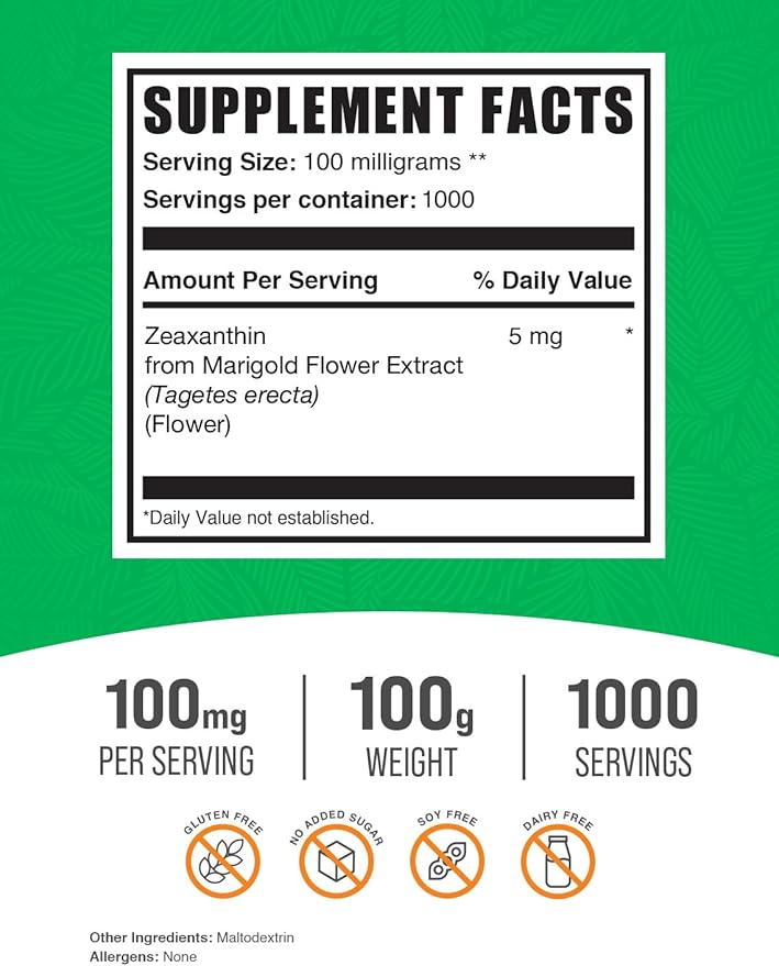 BulkSupplements.com Zeaxanthin Powder - Zeaxanthin Supplements, from Marigold Flower Extract - Gluten Free, 100mg (Zeaxanthin 5mg) per Serving, 100g (3.5 oz) (Pack of 1)
