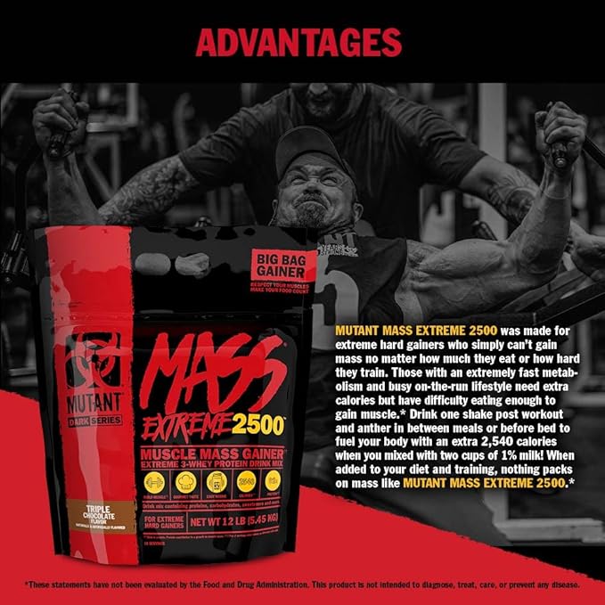 Mutant Mass Extreme Gainer – Whey Protein Powder – Build Muscle Size and Strength – High Density Clean Calories (Triple Chocolate, 12 lbs)
