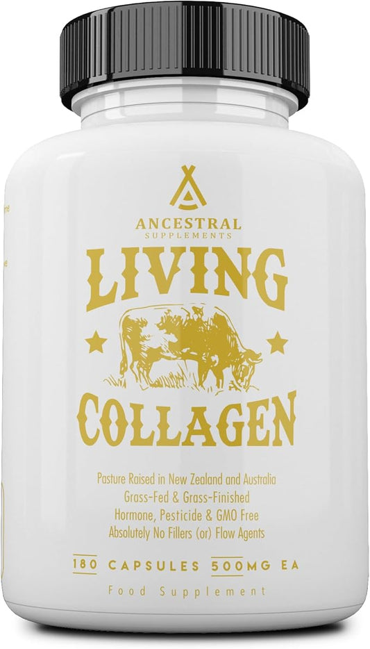 Ancestral Supplements Grass Fed Beef Living Collagen Nutritional Powder Supplement, 3000mg, Promotes Healthier, Younger Looking Skin, Hair, Nails and Joints, Type II, 180 Capsules