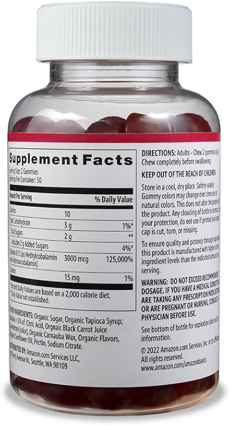 Amazon Basics Vitamin B12 3000 mcg Gummies, Normal Energy Production and Metabolism, Immune System Support, Raspberry, 200 Count (2 Packs of 100), 2 per serving