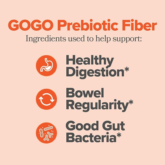 GOGO Fiber Gummies for Adults, 60 Count (Pack of 2) - Prebiotic Chicory Root Inulin Fiber Supplement - Daily Gummy Fiber for Digestive Gut Health - Non-GMO, Vegan & Cruelty-Free