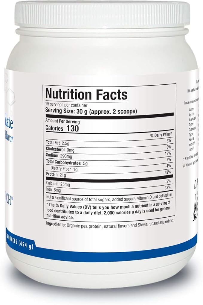 Biotics Research Pea Protein Isolate Natural Vanilla Flavored. Mixes Easily with Water or Juice. Premium Pea Protein. 21 gram Clean Protein per Serving 16 Ounces