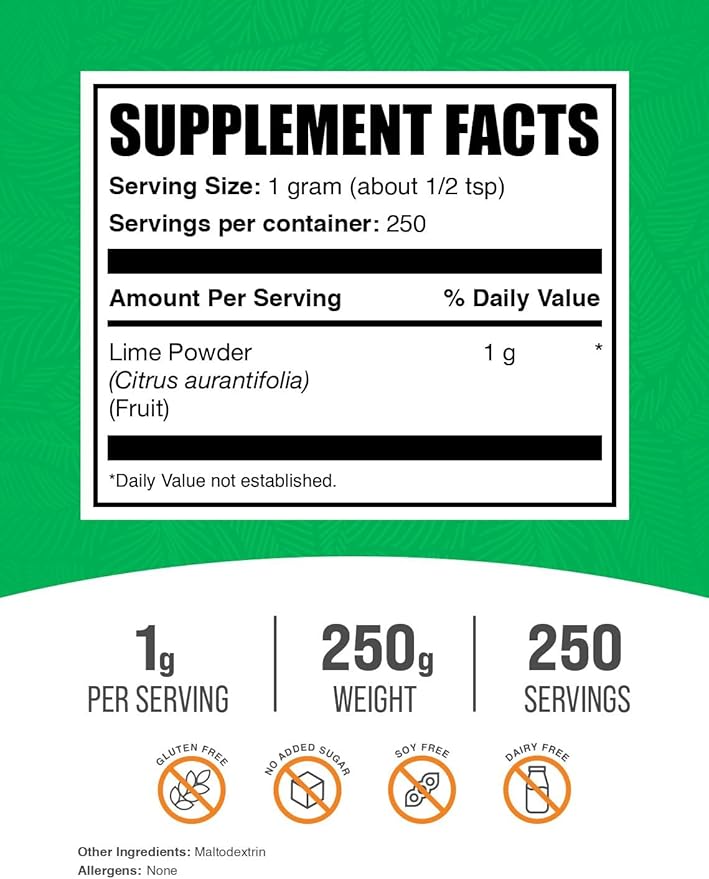 BulkSupplements.com Lime Powder - Dehydrated Lime Powder, Lime Fruit Powder, for Flavoring - Air Dried & Gluten Free, 1000mg per Serving, 250g (8.8 oz) (Pack of 1)
