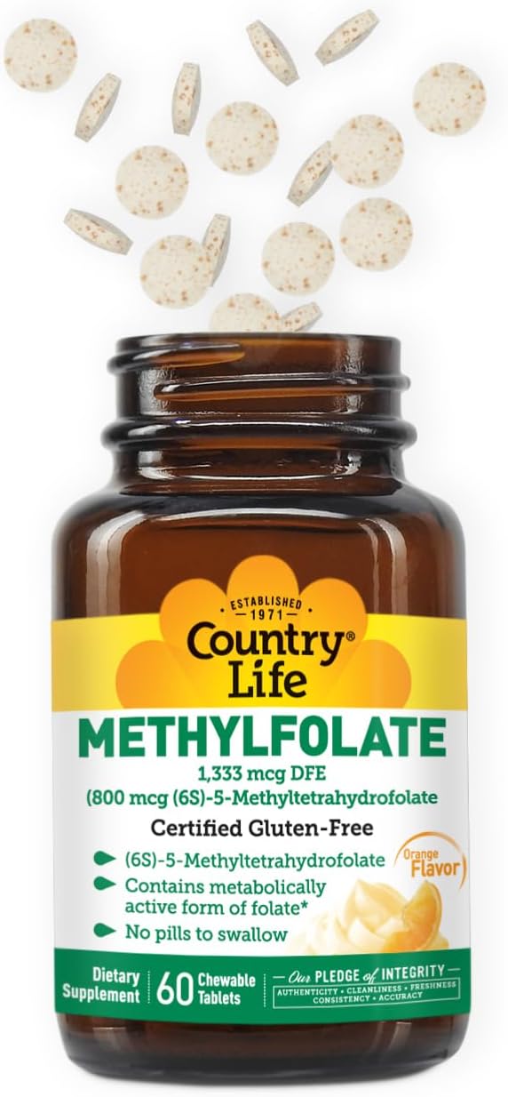 Country Life Methylfolate Chewable Tablets - Metabolically Active Folate - Great Tasting Orange Flavor - Gluten-Free - Smooth Melts - Vegan B12 - Women's Vitamins - Daily Supplement - 60 Tablets