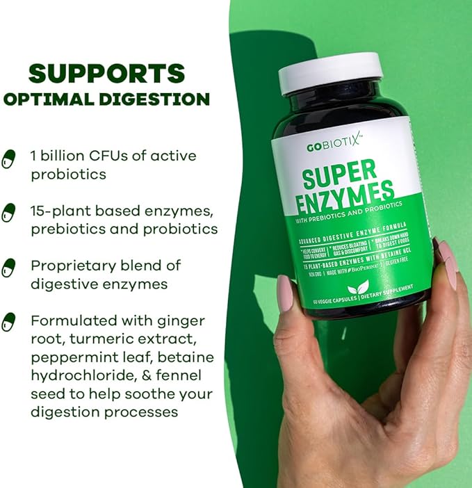 GoBiotix Digestive Enzymes Supplement with Prebiotics and Probiotics for Women and Men - Gut Health, Gluten Digestion, Lactose Absorption, Plant Based Dietary Pills - 60 Capsules