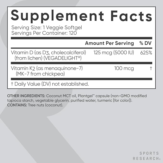 Sports Research® Vitamin D3 + K2 with Coconut MCT Oil | Vegan D3 5000 IU with K2 100 mcg for Bone & Immune Health | Vegan Certified, Soy & Gluten Free - 120 Softgels