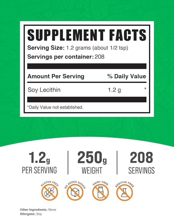 BulkSupplements.com Soy Lecithin Powder - Lecithin Supplement, Lecithin 1200mg Powder - Lecithin Powder Food Grade, Gluten Free, 1200mg per Serving, 250g (8.8 oz) (Pack of 1)