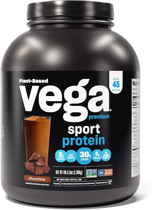 Vega Sport Premium Vegan Protein Powder Chocolate(45 Servings) 30g Plant Based Protein,5g BCAAs,Dairy Free,Gluten Free,Non GMO,Pea Protein for Women and Men,4lbs 5.9Oz(Packaging May Vary)