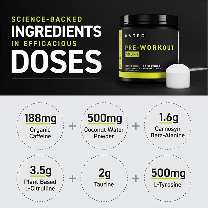 Kaged Pre-Kaged Sport Pre Workout Powder | Mango Lime | Energy Supplement for Endurance | Cardio, Weightlifting Sports Drink | 20 Servings