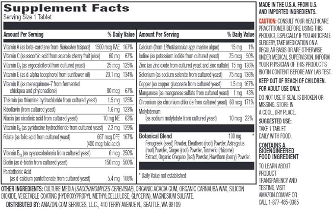 Amazon Elements Men’s One Daily Multivitamin, 62% Whole Food Cultured, Vegan, 65 Tablets, 2 Month Supply (Packaging May Vary) (Pack of 2)