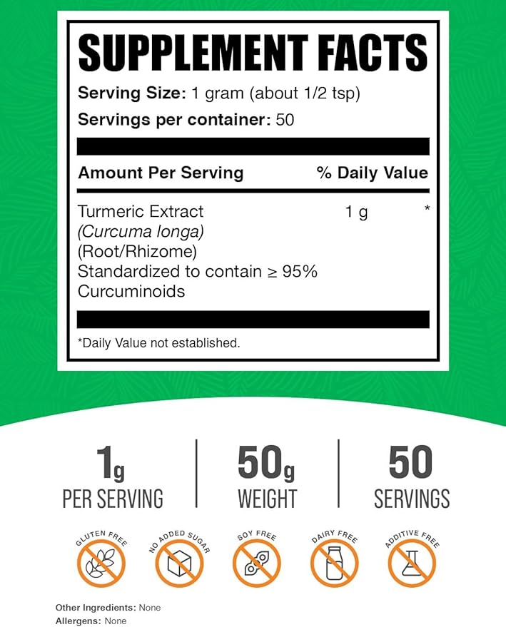 BulkSupplements.com Turmeric Extract Powder - from Turmeric Root, Curcumin Supplements 1000mg, Turmeric Curcumin Powder - Gluten Free, 1000mg per Serving, 50g (1.8 oz) (Pack of 1)