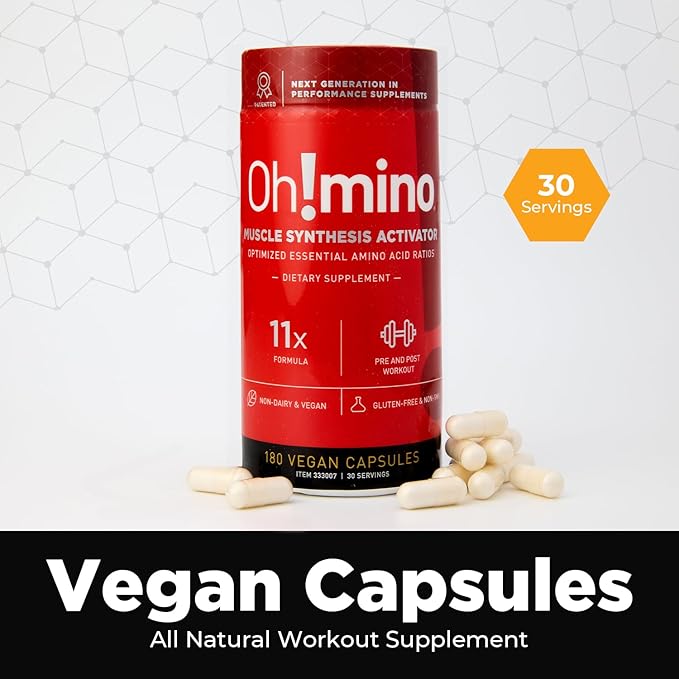 Oh!mino Oh! Nutrition Muscle Synthesis Activator, Electrolyte Capsules with Essential Amino Acids & 100mgs of Pharma-Grade Caffeine, Pre Workout, Post Workout for Men and Women, 180 Vegan Capsules