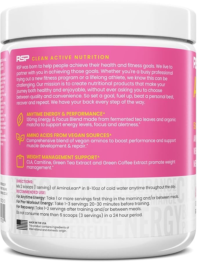 RSP NUTRITION AminoLean Pre Workout Powder, Amino Energy & Weight Management with Vegan BCAA Amino Acids, Natural Caffeine, Preworkout Boost for Men & Women, 30 Serv, Pink Lemonade…