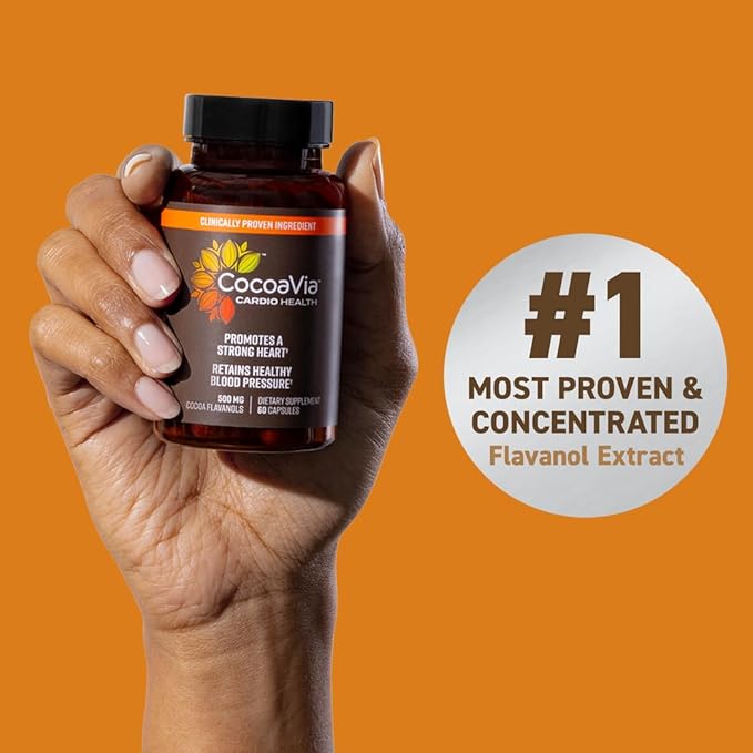 CocoaVia Cardio Health Supplement, 60 Day, 500mg Cocoa Flavanols, Support Heart Health, Boost Nitric Oxide, Blood Circulation, Energy, Vegan, Dark Chocolate, 120 Capsules