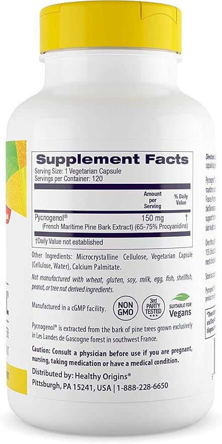 Healthy Origins Pycnogenol 100 mg - Premium Pine Bark Extract - French Maritime Pine Bark Extract for Heart Health, Skin Care & More - Gluten-Free & Non-GMO Supplement - 120 Veggie Caps