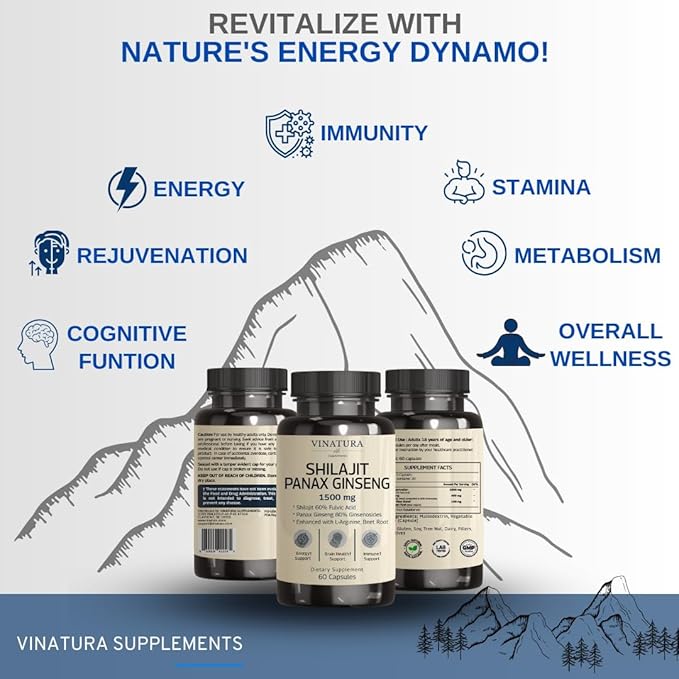 Shilajit Pure Himalayan Capsules (60% Fulvic Acid) - 1500mg with Panax Ginseng, Shilajit Supplement per Serving - High in Trace Minerals *USA Made & Tested* Immune Support