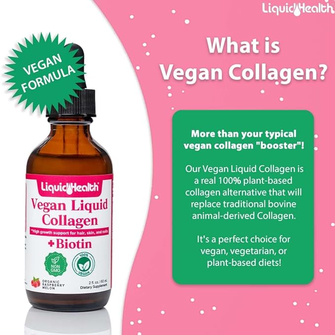 LIQUIDHEALTH 100% Vegan Collagen Plus Biotin 100,000mcg Liquid Drops - Plant-Based Liquid Collagen for Women, Men - Hair & Nail Growth, Skin Health, Boosts Metabolism - Non-GMO, Sugar Free (3 Pack)