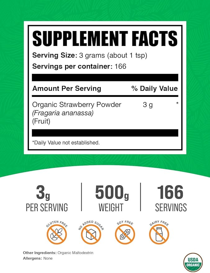 BulkSupplements.com Organic Strawberry Powder - Strawberry Powder Supplement, Strawberry Powder Organic - No Sugar Added & Gluten Free, 3g per Serving, 500g (1.1 lbs) (Pack of 1)