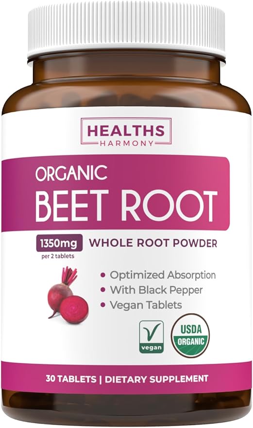USDA Organic Beet Root Powder (30 Tablets) 1350mg Beets Per Serving with Black Pepper for Extra Absorption - Super Antioxidant and Nitrate Supplement for Athletic Performance and Stamina- No Capsules