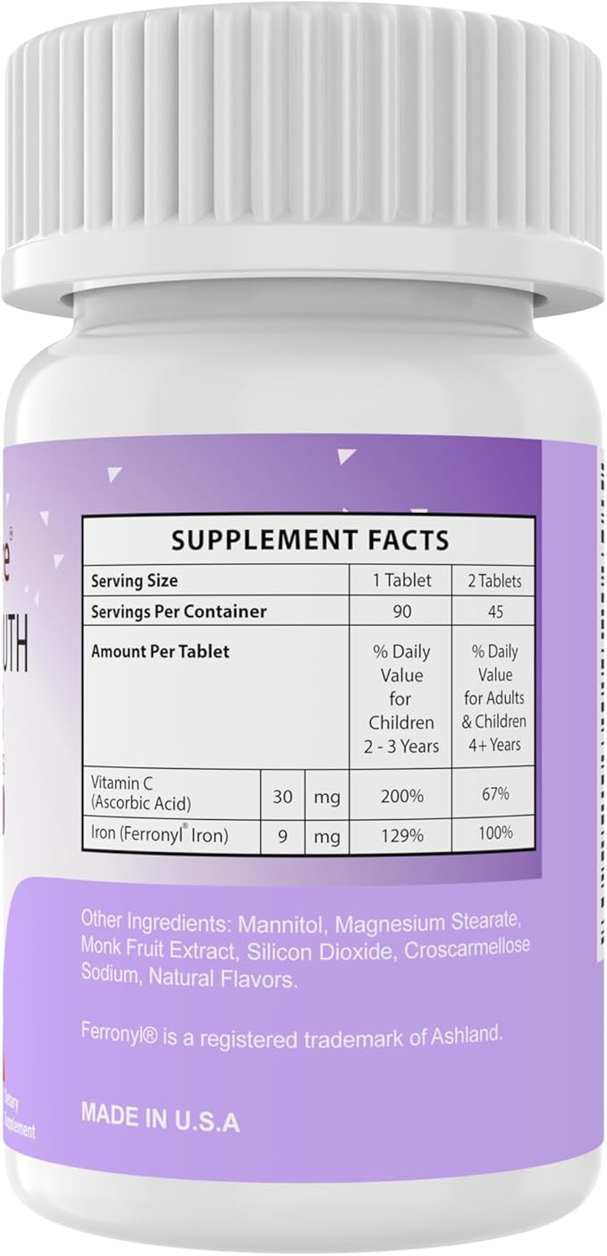 Chewable Iron Supplements for Kids (Ferronyl®/Carbonyl Iron 9 mg with Vitamin C 30 mg) Tablet in Delicious Grape Flavor Kids Iron Supplement 90 Count (1 Bottle)