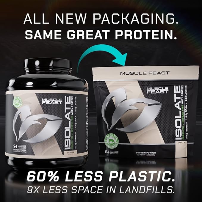 Muscle Feast Grass-Fed Whey Protein Isolate, All Natural Hormone Free Pasture Raised, Vanilla, 5lb (94 Servings)