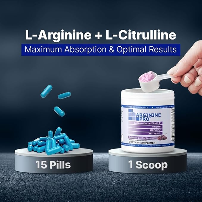 L-ARGININE PRO | 5,500mg L-Arginine Plus L-Citrulline 1,100mg Powder Supplement for Increased Nitric Oxide Production | Endurance, Heart Health & Blood Flow (3, Grape)