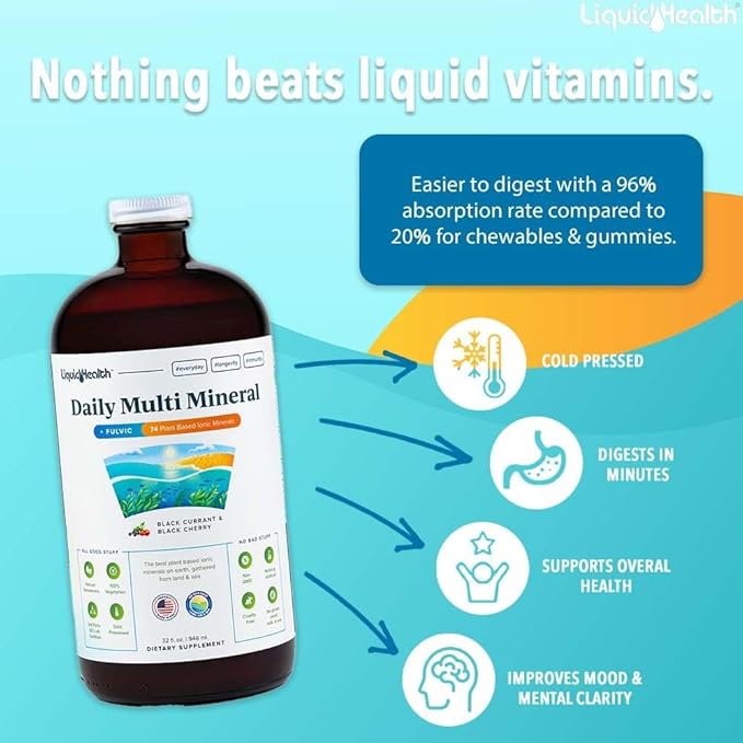 LIQUIDHEALTH Daily Multi Mineral Liquid Supplement with Fulvic Acid, Plant Based Ionic Aquamin Sea Trace Ocean Minerals - Immune Support, Energy, Gut Health, Detox - Vegetarian, Sugar-Free (2 Pack)