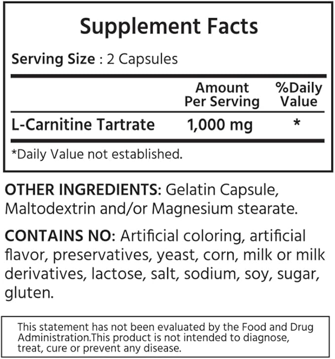 L-Carnitine 1000 mg 360 Capsules. 99.9% Purity L-Carnitine. Supports Energy Production. Fitness Support.