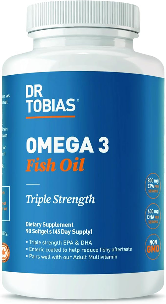 Dr. Tobias Omega 3 Fish Oil, 2000mg Triple Strength Omega 3 Supplement with 800mg EPA 600mg DHA Per Serving, Fish Oil Omega 3 Supplements for Heart, Brain & Immune Support, 90 Softgels, 45 Servings
